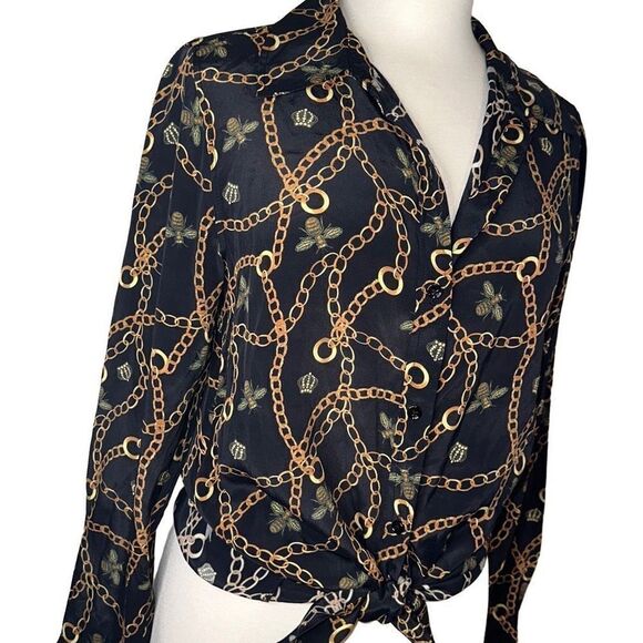 DG2 Diane Gilman Collection Silk Blend Top bee, chains, gold bling button up - Picture 4 of 9